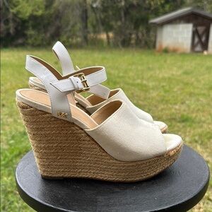 Michael Kors Cream Canvas & Jute Espadrille Wedge Sandals